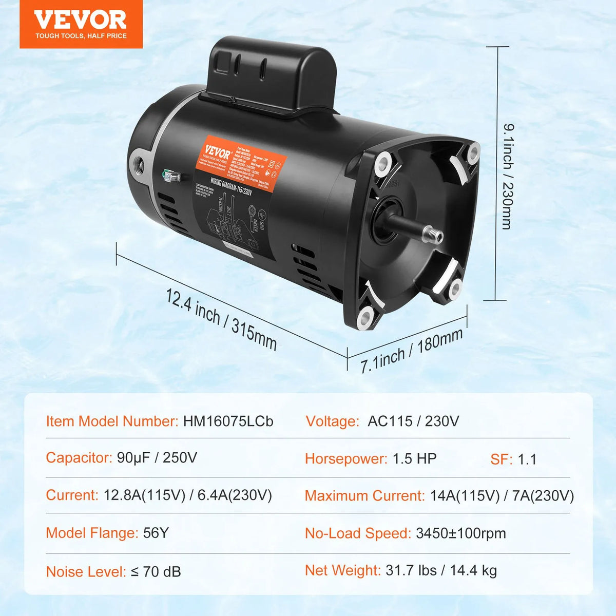VEVOR 1,5 ZS baseina sūkņa motors, 56Y rāmis, 115 V (12,8 A) / 230 V (6,4 A), 3450 apgr./min., 60 Hz, servisa koeficients 1,1, 90 μF/250 V kondensators, pretēji pulksteņrādītāja virzienam rotācija, kvadrātveida atloka nomaiņas motors - ZEMLETES.LV