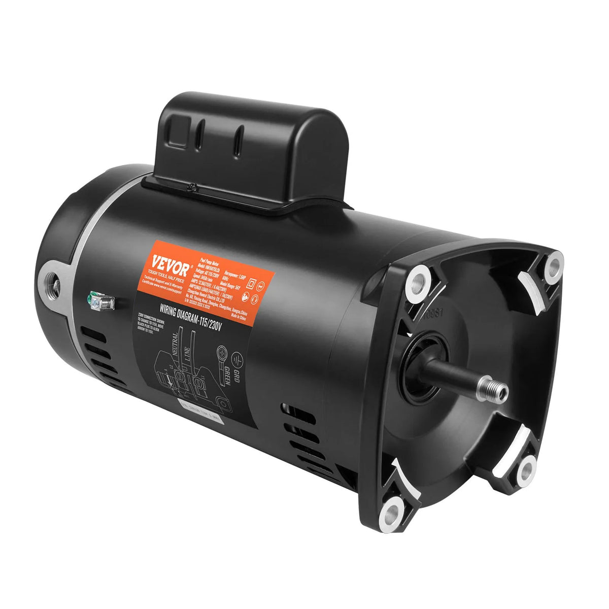 VEVOR 1,5 ZS baseina sūkņa motors, 56Y rāmis, 115 V (12,8 A) / 230 V (6,4 A), 3450 apgr./min., 60 Hz, servisa koeficients 1,1, 90 μF/250 V kondensators, pretēji pulksteņrādītāja virzienam rotācija, kvadrātveida atloka nomaiņas motors - ZEMLETES.LV