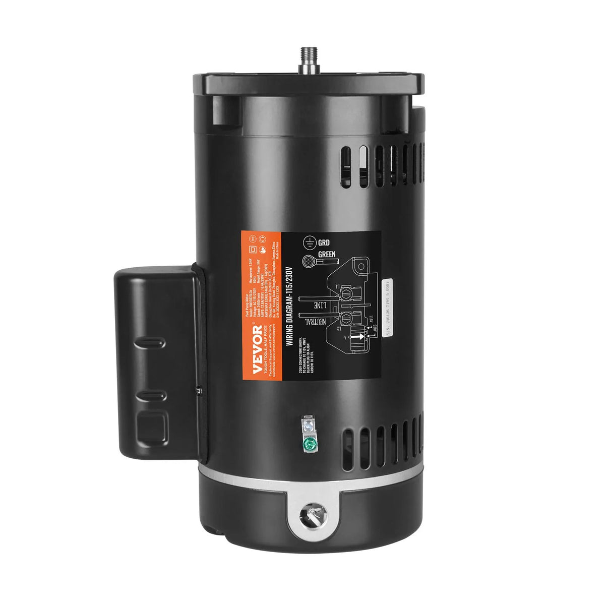 VEVOR 1,5 ZS baseina sūkņa motors, 56Y rāmis, 115 V (12,8 A) / 230 V (6,4 A), 3450 apgr./min., 60 Hz, servisa koeficients 1,1, 90 μF/250 V kondensators, pretēji pulksteņrādītāja virzienam rotācija, kvadrātveida atloka nomaiņas motors - ZEMLETES.LV