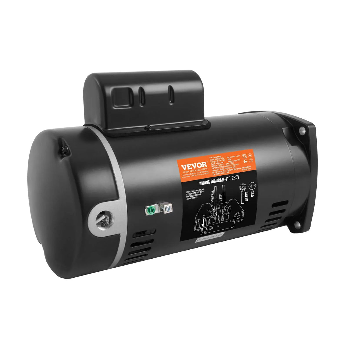 VEVOR 1,5 ZS basseinipumba mootor, 56Y raam, 115 V (12,8 A) / 230 V (6,4 A), 3450 p/min, 60 Hz, töökoefitsient 1,1, 90 μF/250 V kondensaator, pöörlemine vastupäeva, ruudukujulise tiiviku vahetusmootor