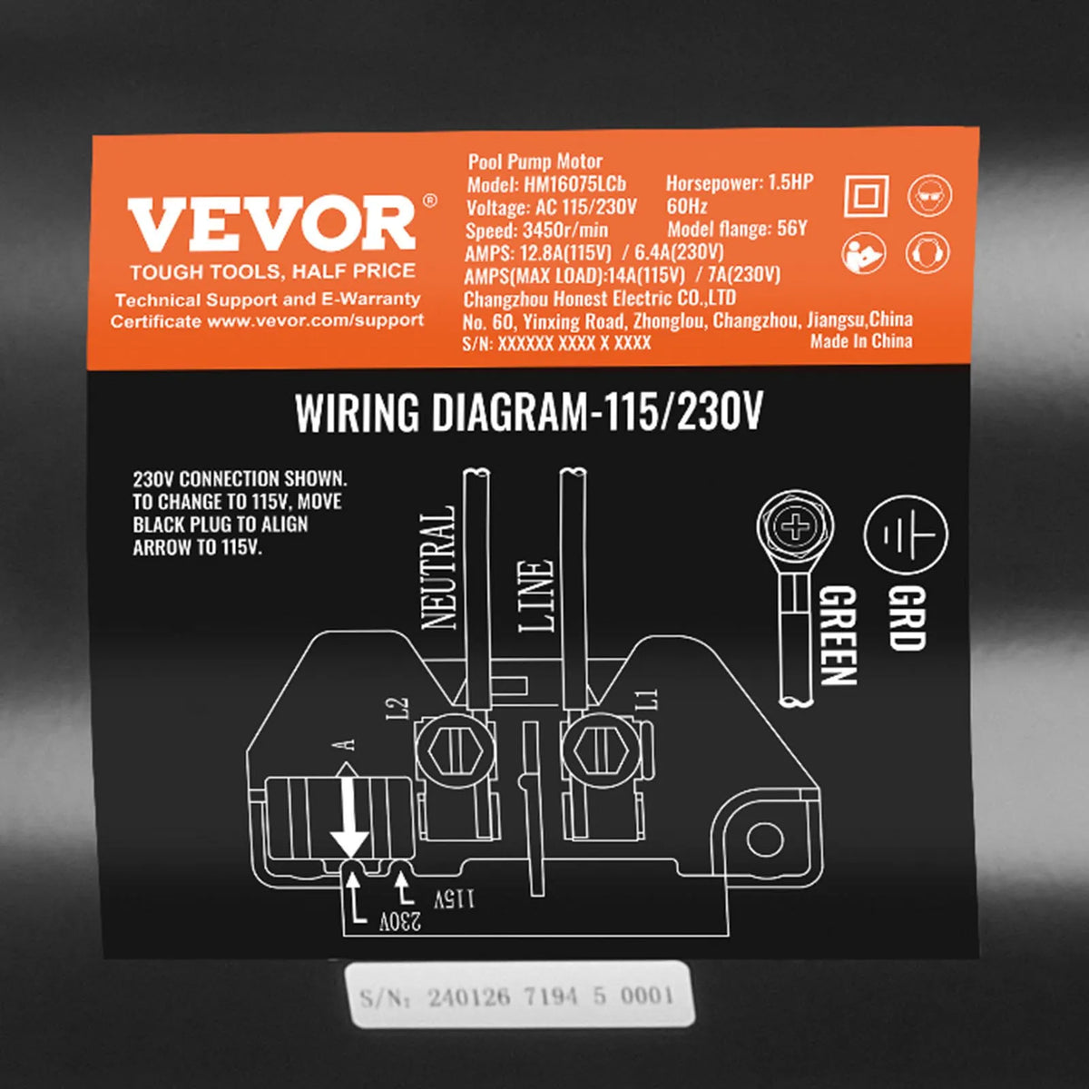 VEVOR 1,5 ZS basseinipumba mootor, 56Y raam, 115 V (12,8 A) / 230 V (6,4 A), 3450 p/min, 60 Hz, töökoefitsient 1,1, 90 μF/250 V kondensaator, pöörlemine vastupäeva, ruudukujulise tiiviku vahetusmootor