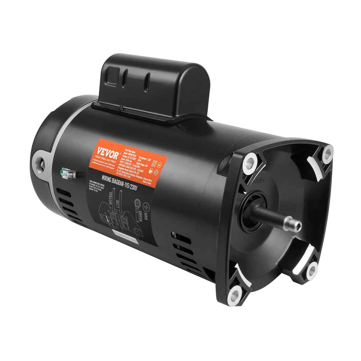 VEVOR 1,5 ZS baseina sūkņa motors, 56Y rāmis, 115 V (12,8 A) / 230 V (6,4 A), 3450 apgr./min., 60 Hz, servisa koeficients 1,1, 90 μF/250 V kondensators, pretēji pulksteņrādītāja virzienam rotācija, kvadrātveida atloka nomaiņas motors - ZEMLETES.LV