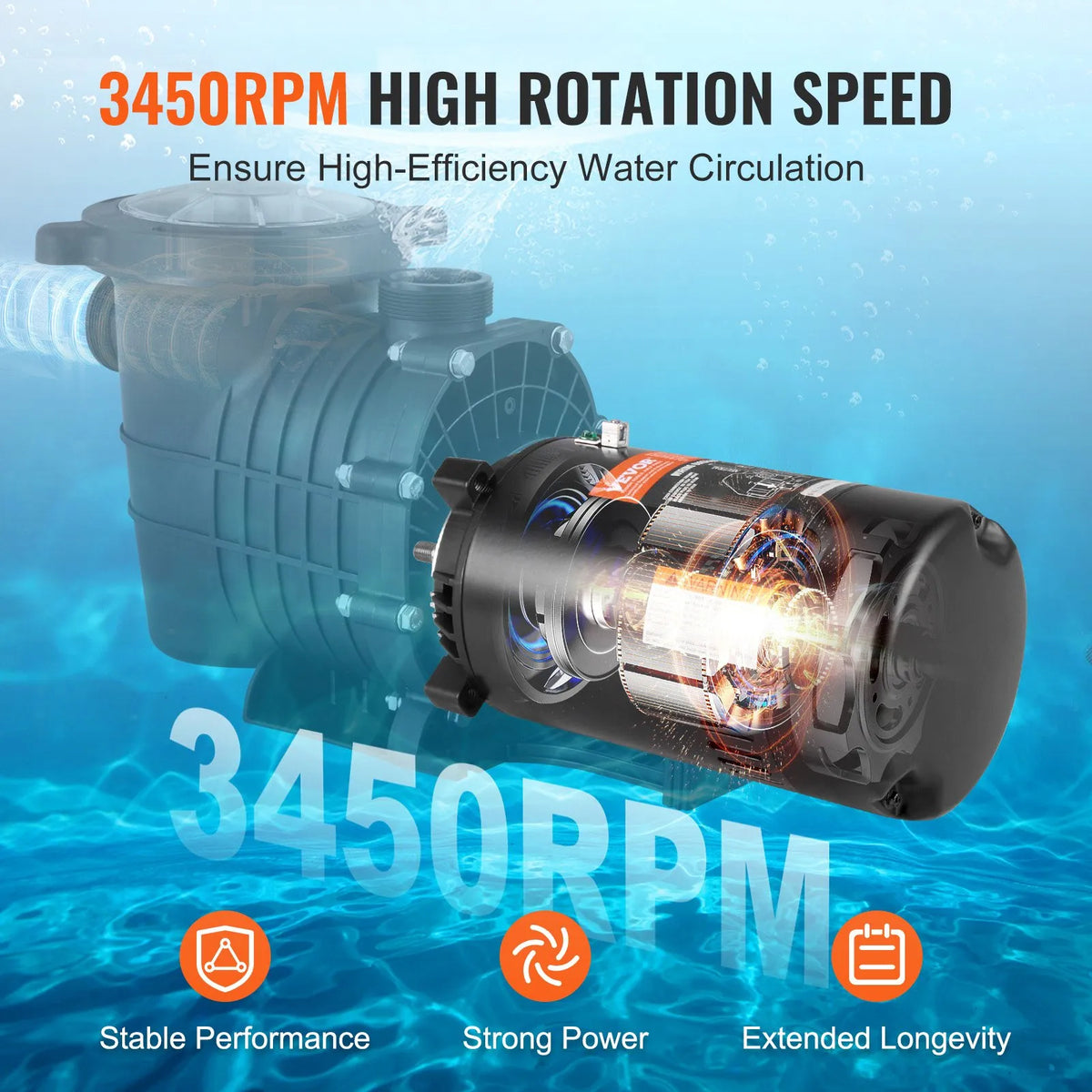 VEVOR 1 ZS baseina sūkņa motors, 56J rāmis, 115 V (9,8 A) / 230 V (4,9 A), 3450 apgr./min., 60 Hz, servisa koeficients 1,4, 90 μF/250 V kondensators, pretēji pulksteņrādītāja virzienam rotācija, apaļā atloka nomaiņas motors - ZEMLETES.LV