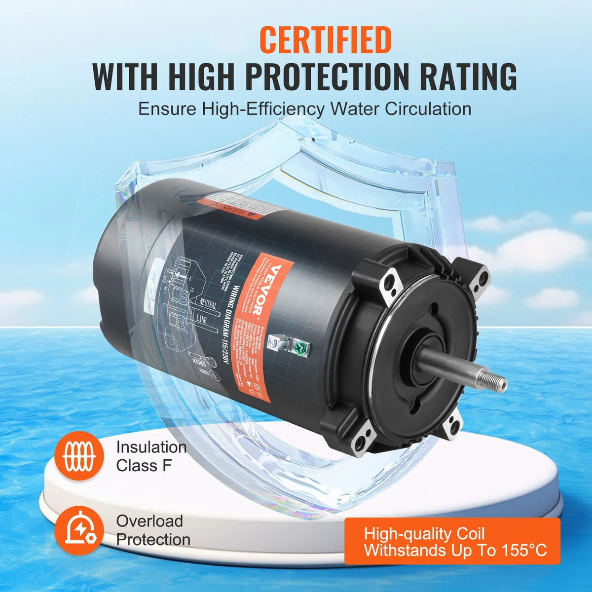 VEVOR 1 ZS baseina sūkņa motors, 56J rāmis, 115 V (9,8 A) / 230 V (4,9 A), 3450 apgr./min., 60 Hz, servisa koeficients 1,4, 90 μF/250 V kondensators, pretēji pulksteņrādītāja virzienam rotācija, apaļā atloka nomaiņas motors - ZEMLETES.LV