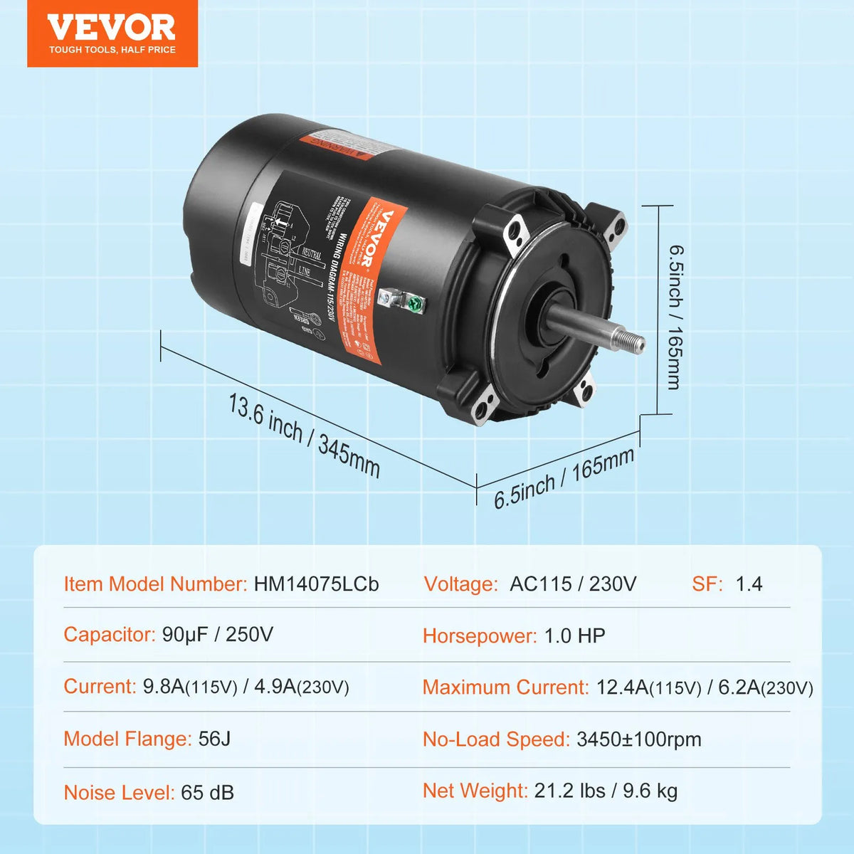 VEVOR 1 ZS baseina sūkņa motors, 56J rāmis, 115 V (9,8 A) / 230 V (4,9 A), 3450 apgr./min., 60 Hz, servisa koeficients 1,4, 90 μF/250 V kondensators, pretēji pulksteņrādītāja virzienam rotācija, apaļā atloka nomaiņas motors - ZEMLETES.LV