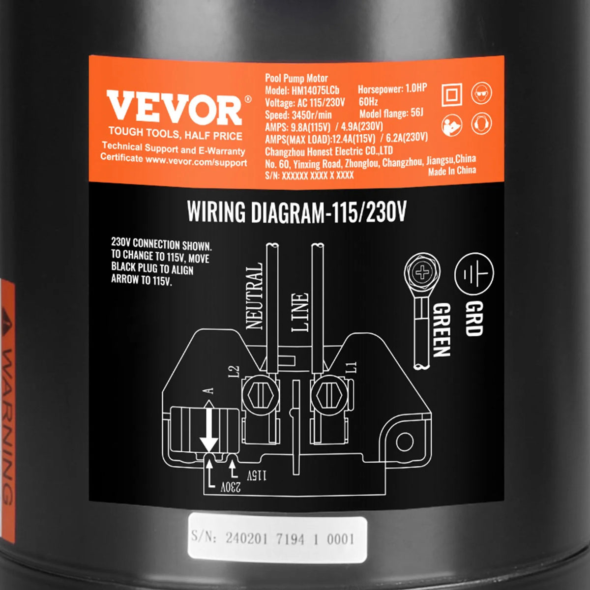 VEVOR 1 ZS basseinipumba mootor, 56J raam, 115 V (9,8 A) / 230 V (4,9 A), 3450 pööret minutis, 60 Hz, töökoefitsient 1,4, 90 μF/250 V kondensaator, pöörlemine vastupäeva suunas, ümmarguse tiiviku vahetusmootor