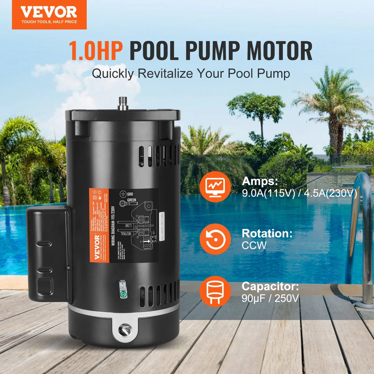VEVOR 1 HP baseina sūkņa motors, 56Y rāmis, 115 V/230 V, 3450 apgr./min, 90 µF/250 V kondensators, CCW rotācija - ZEMLETES.LV
