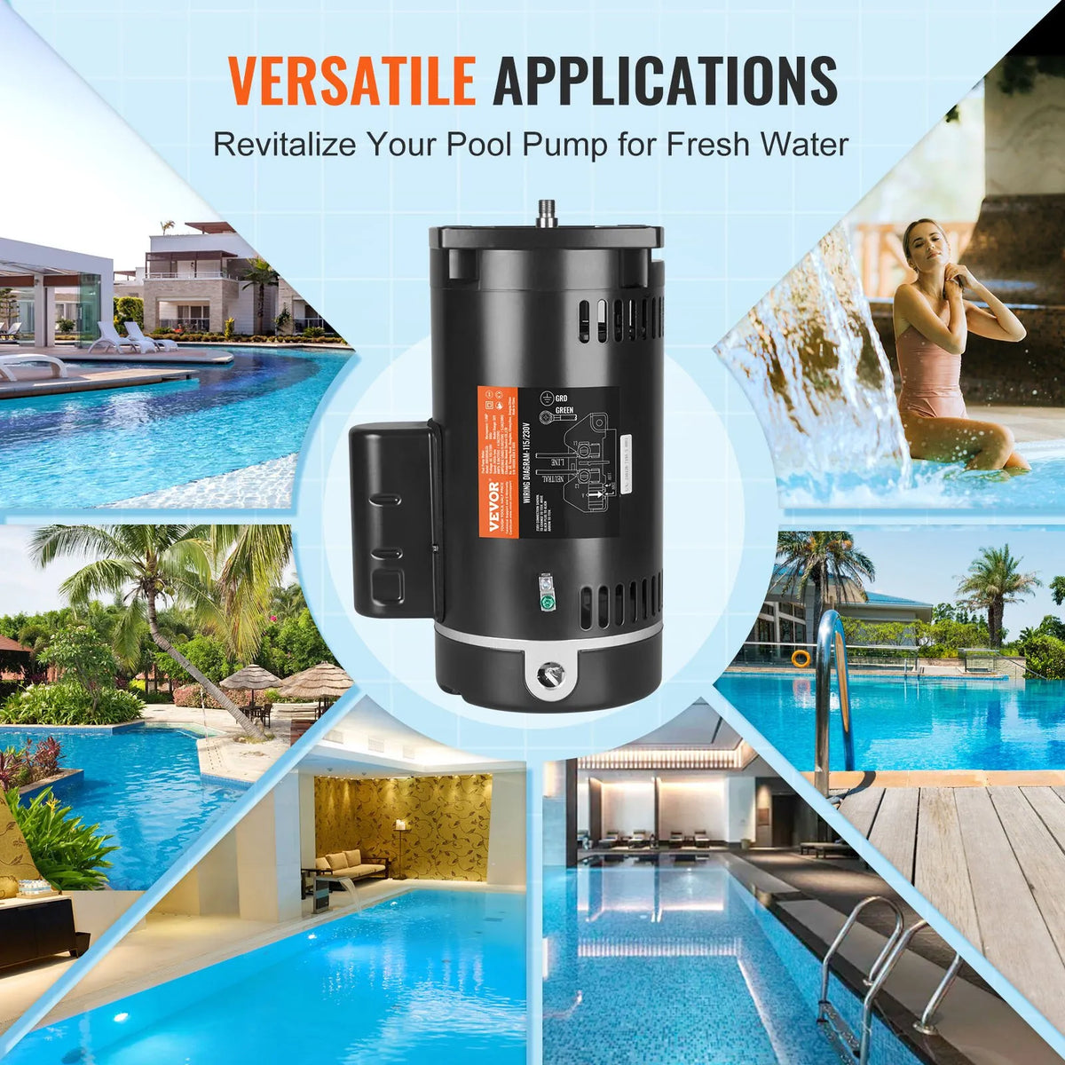 VEVOR 1 HP baseina sūkņa motors, 56Y rāmis, 115 V/230 V, 3450 apgr./min, 90 µF/250 V kondensators, CCW rotācija - ZEMLETES.LV