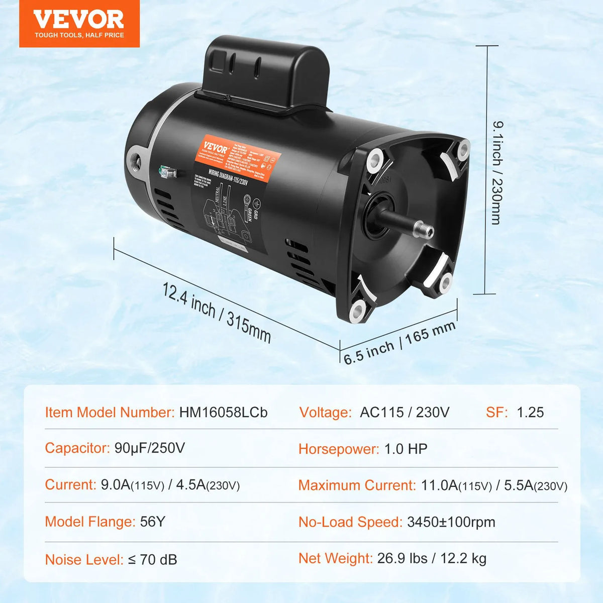 VEVOR 1 HP baseina sūkņa motors, 56Y rāmis, 115 V/230 V, 3450 apgr./min, 90 µF/250 V kondensators, CCW rotācija - ZEMLETES.LV