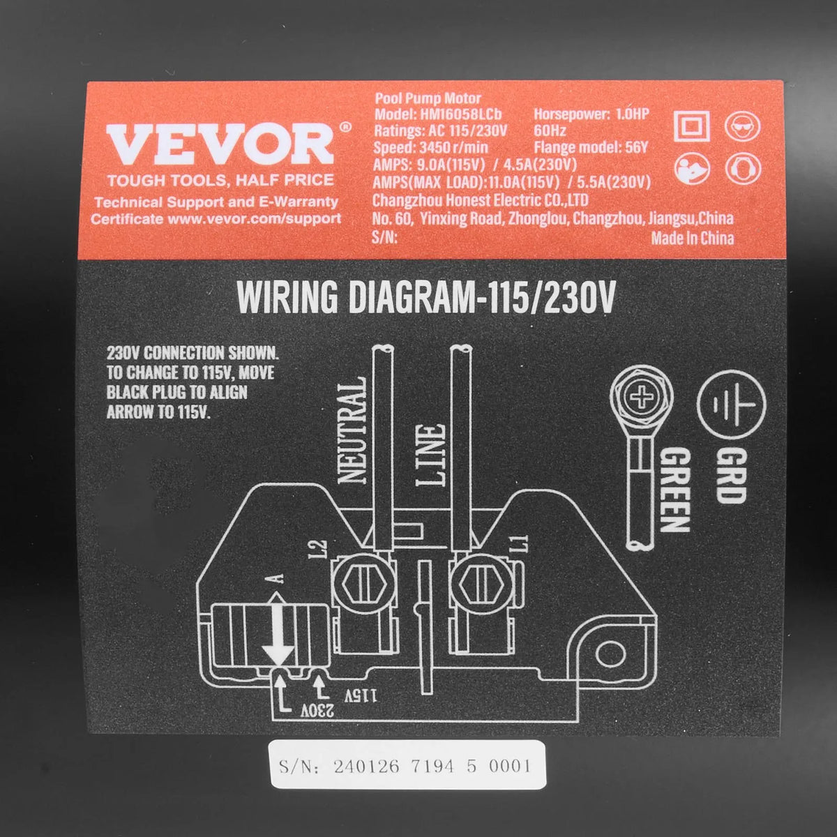 VEVOR 1 HP basseinipumba mootor, 56Y raam, 115 V/230 V, 3450 p/min, 90 µF/250 V kondensaator, pöörlemissuund vastupäeva
