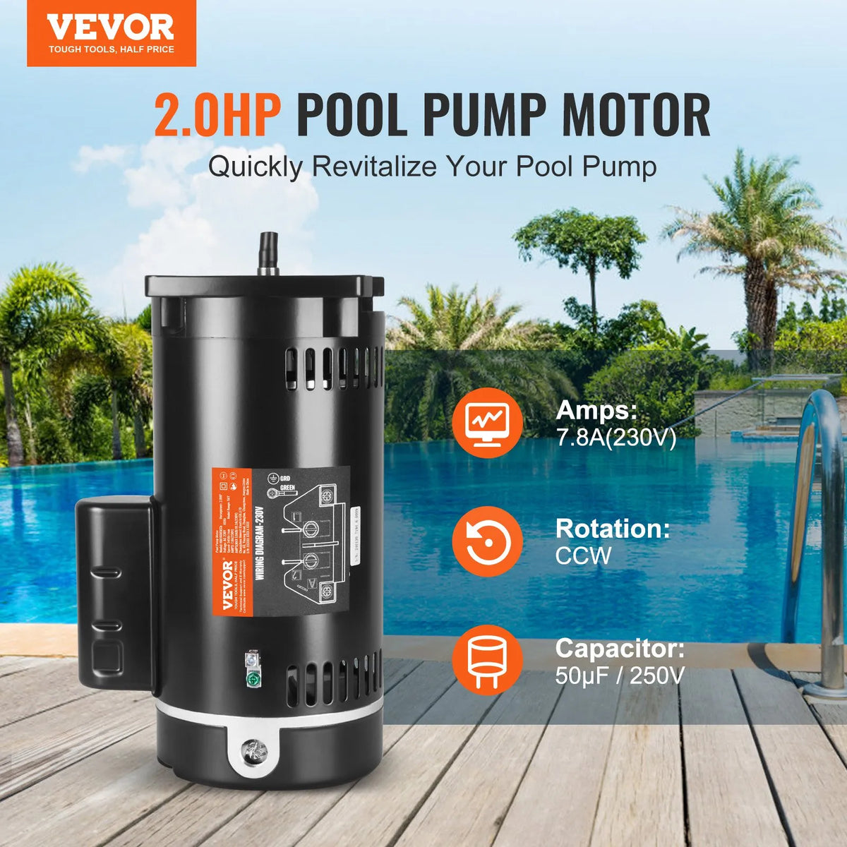 VEVOR 2 HP baseina sūkņa motors, 56Y rāmis, 230 V, 3450 apgr./min, 50 μF/250 V kondensators, CCW rotācija, kvadrātveida atloks - ZEMLETES.LV