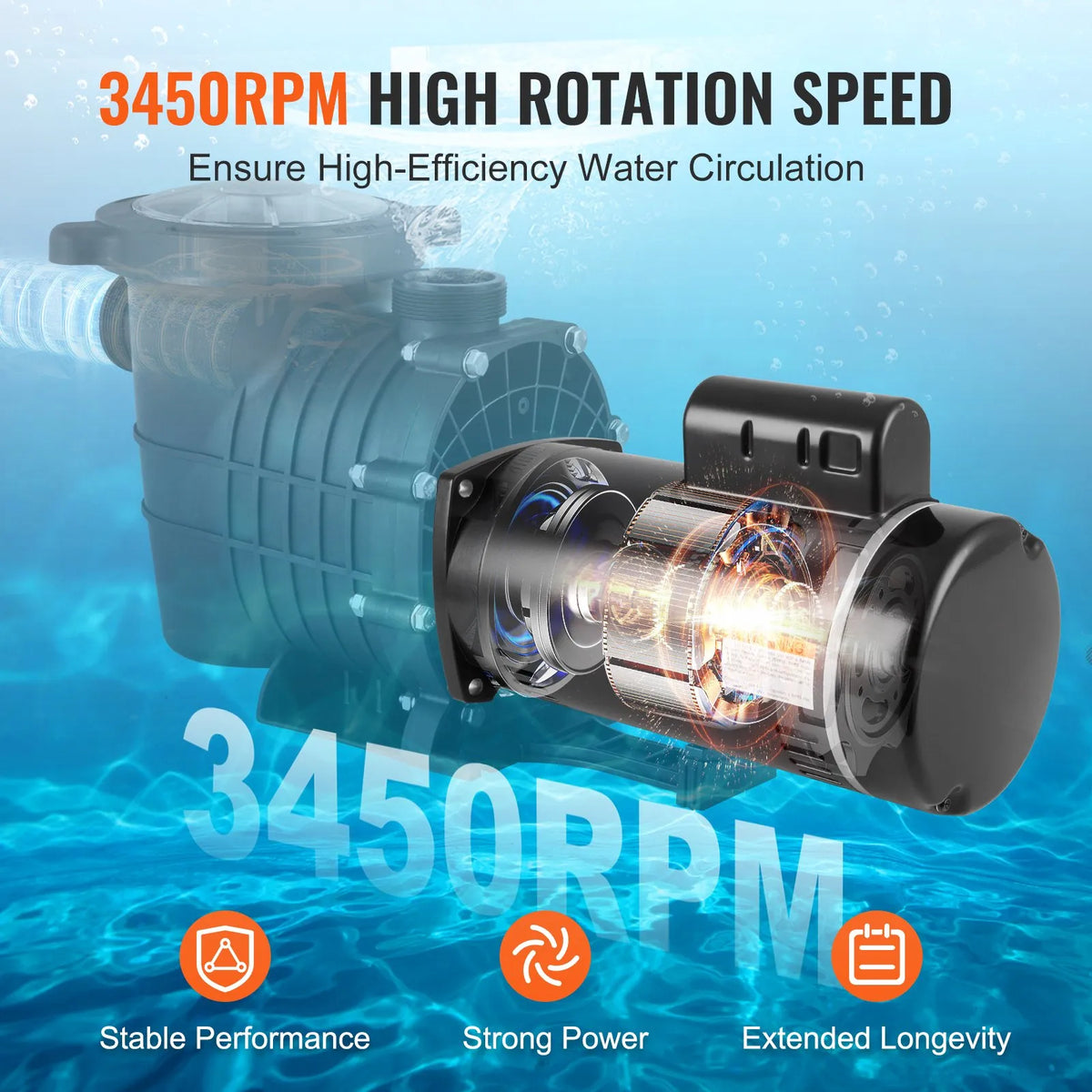 VEVOR 2 HP baseina sūkņa motors, 56Y rāmis, 230 V, 3450 apgr./min, 50 μF/250 V kondensators, CCW rotācija, kvadrātveida atloks - ZEMLETES.LV