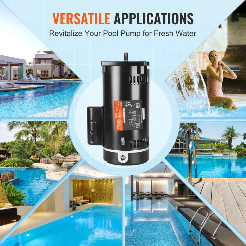 VEVOR 2 HP baseina sūkņa motors, 56Y rāmis, 230 V, 3450 apgr./min, 50 μF/250 V kondensators, CCW rotācija, kvadrātveida atloks