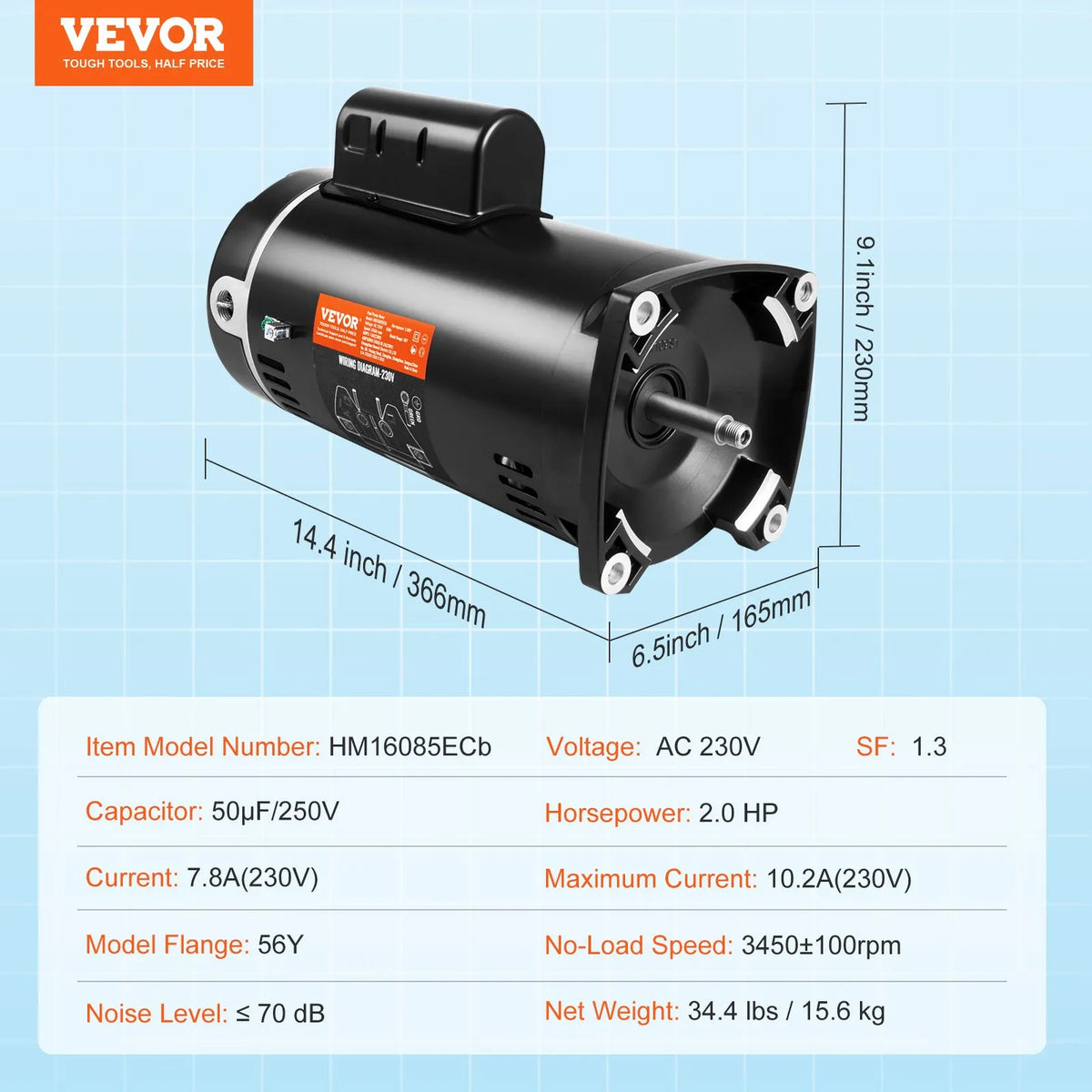 VEVOR 2 HP baseina sūkņa motors, 56Y rāmis, 230 V, 3450 apgr./min, 50 μF/250 V kondensators, CCW rotācija, kvadrātveida atloks - ZEMLETES.LV