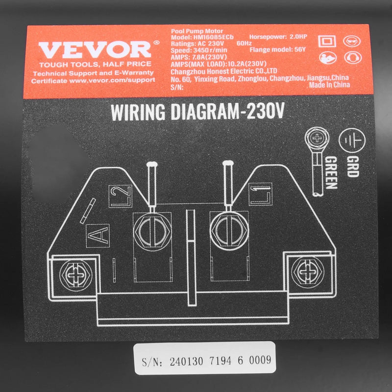 VEVOR 2 HP baseina sūkņa motors, 56Y rāmis, 230 V, 3450 apgr./min, 50 μF/250 V kondensators, CCW rotācija, kvadrātveida atloks