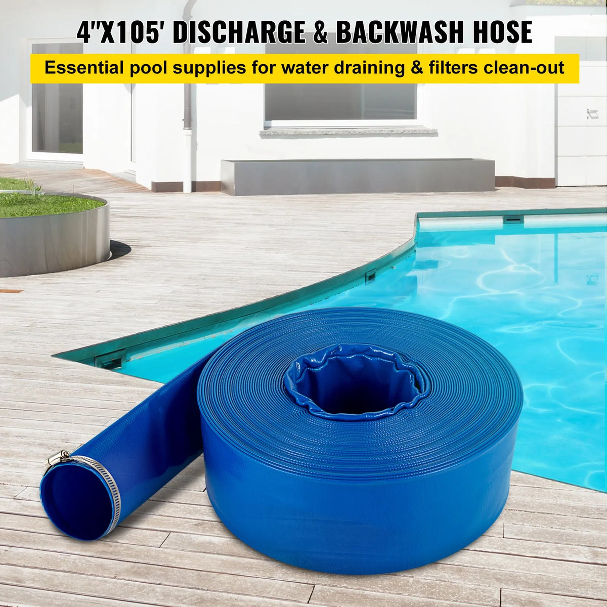 VEVOR Discharge Hose, 101.6 mm × 32 m, PVC Flat Hose, Reinforced Backwash and Drainage Hose with Clamps, Weather and Crack Resistant, Suitable for Pools and Water Pumping, Blue