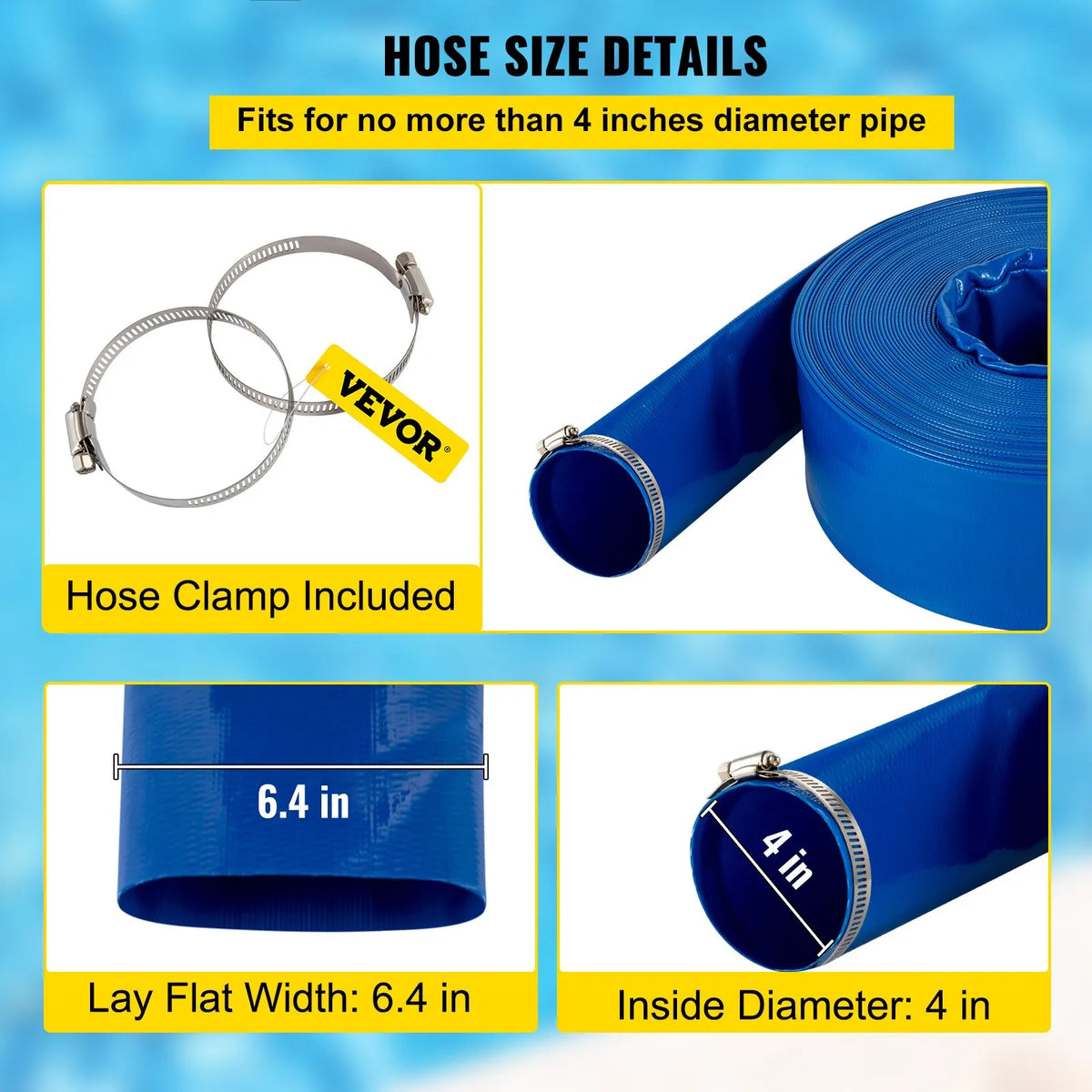VEVOR Discharge Hose, 101.6 mm × 32 m, PVC Flat Hose, Reinforced Backwash and Drainage Hose with Clamps, Weather and Crack Resistant, Suitable for Pools and Water Pumping, Blue