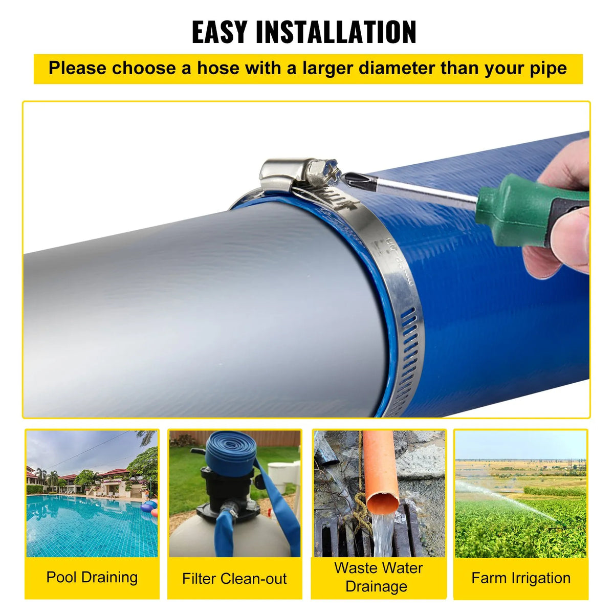 VEVOR Discharge Hose, 101.6 mm × 32 m, PVC Flat Hose, Reinforced Backwash and Drainage Hose with Clamps, Weather and Crack Resistant, Suitable for Pools and Water Pumping, Blue