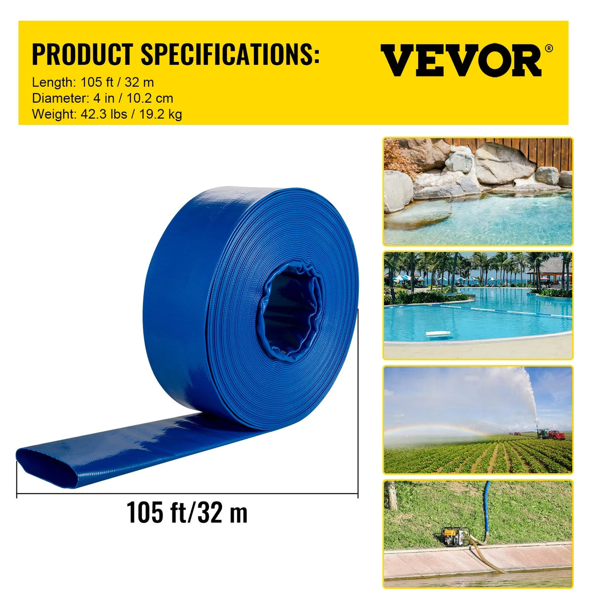 VEVOR Discharge Hose, 101.6 mm × 32 m, PVC Flat Hose, Reinforced Backwash and Drainage Hose with Clamps, Weather and Crack Resistant, Suitable for Pools and Water Pumping, Blue