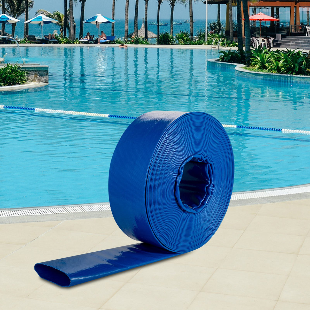 VEVOR Discharge Hose, 101.6 mm × 32 m, PVC Flat Hose, Reinforced Backwash and Drainage Hose with Clamps, Weather and Crack Resistant, Suitable for Pools and Water Pumping, Blue