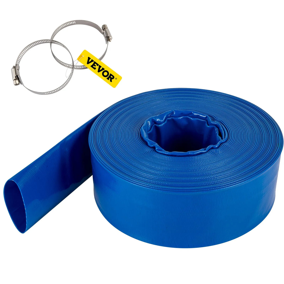 VEVOR Discharge Hose, 101.6 mm × 32 m, PVC Flat Hose, Reinforced Backwash and Drainage Hose with Clamps, Weather and Crack Resistant, Suitable for Pools and Water Pumping, Blue