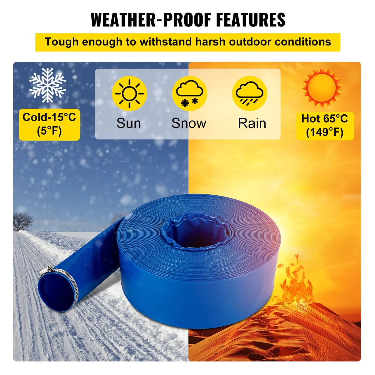 VEVOR Discharge Hose, 38 mm × 32 m, PVC Flat Fabric Hose, Reinforced Backwash and Drainage Hose with Clamps, Weather and Crack Resistant, Suitable for Pools and Water Pumping, Blue
