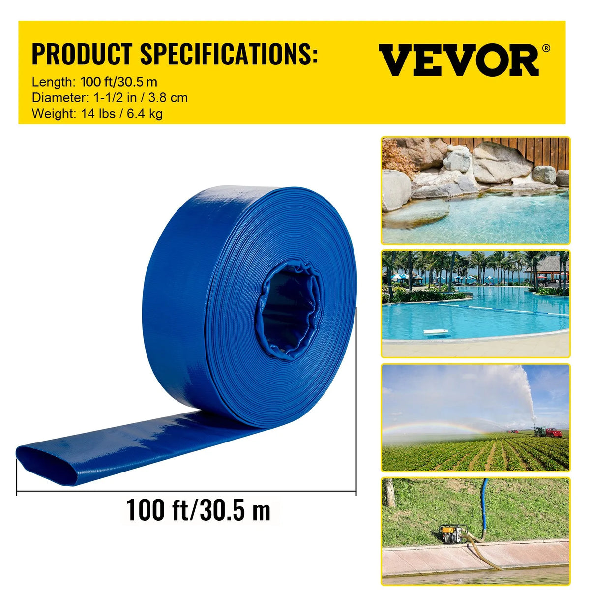 VEVOR Discharge Hose, 38 mm × 32 m, PVC Flat Fabric Hose, Reinforced Backwash and Drainage Hose with Clamps, Weather and Crack Resistant, Suitable for Pools and Water Pumping, Blue
