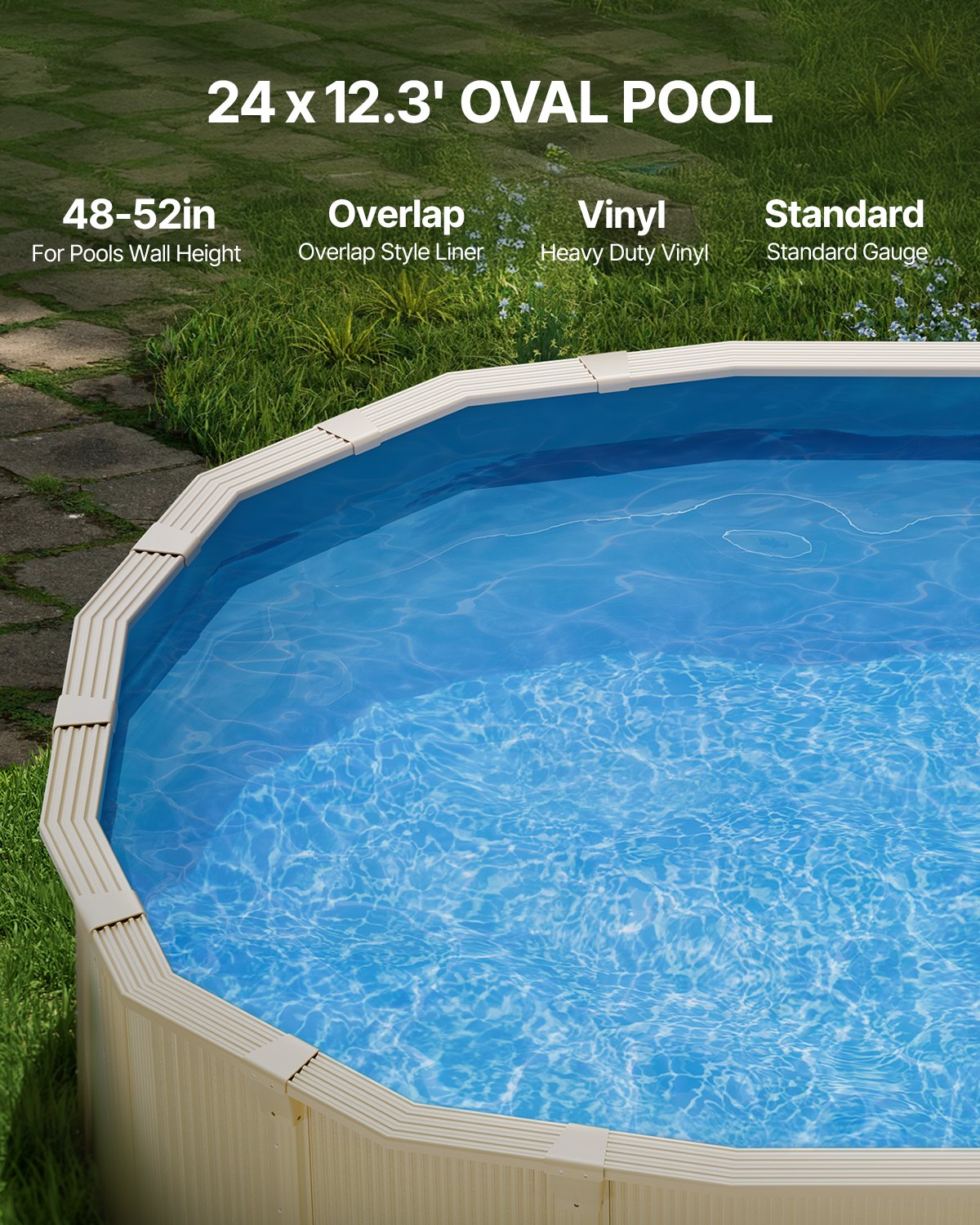 VEVOR Oval Above Ground Pool Liner 7.32 × 3.75 m, Durable Vinyl Pool Liner, Standard Thickness, Overlap Fastening Type, Suitable for Pools with 1.32 m Wall Height, Solid Colour
