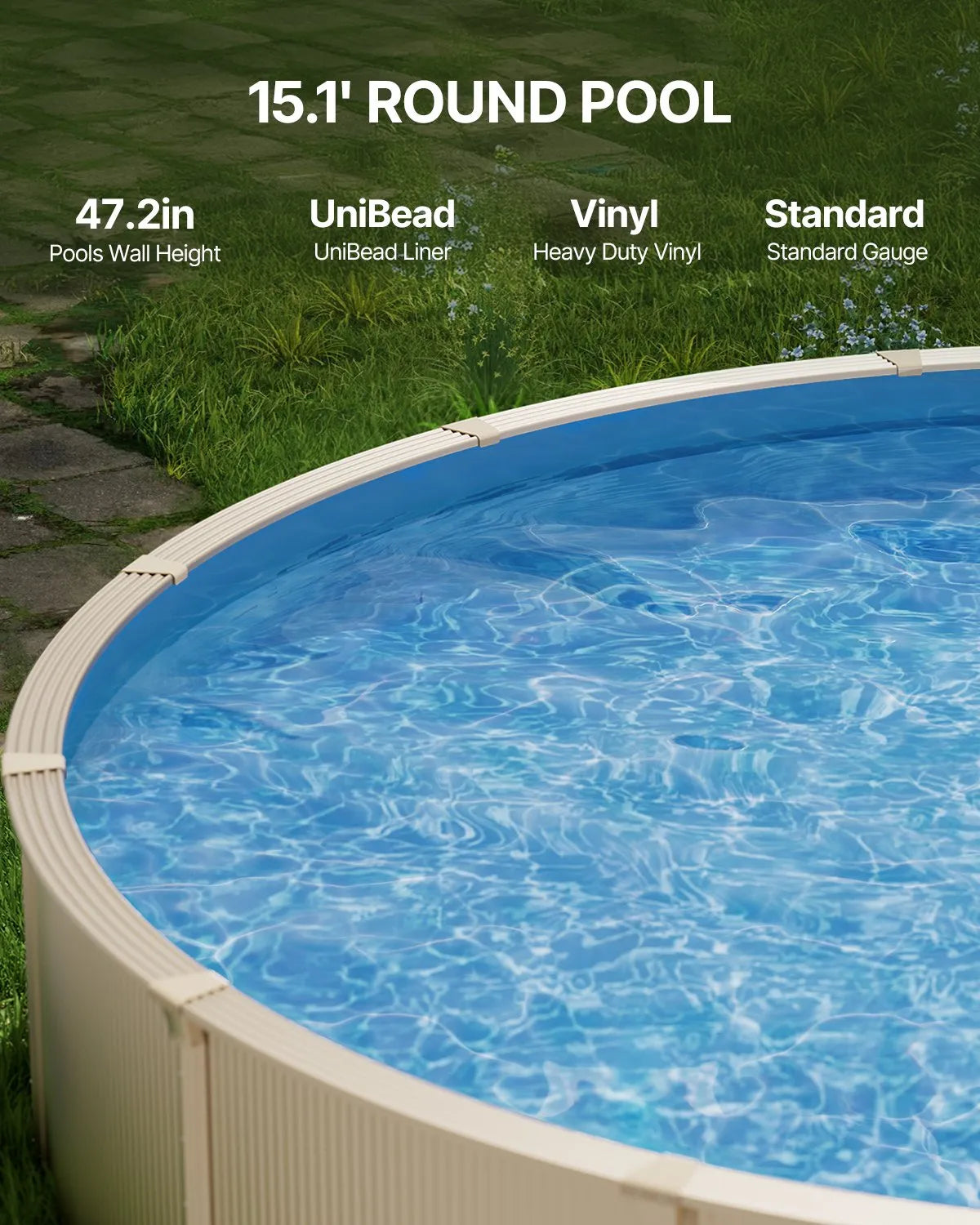 VEVOR Pool Liner for Round Above Ground Pool Ø 4.57 m, UniBead Fastening Type, Durable Vinyl Pool Liner, Standard Thickness, Wall Height 1.19 m, for Steel Wall Above Ground Pools, Solid Colour
