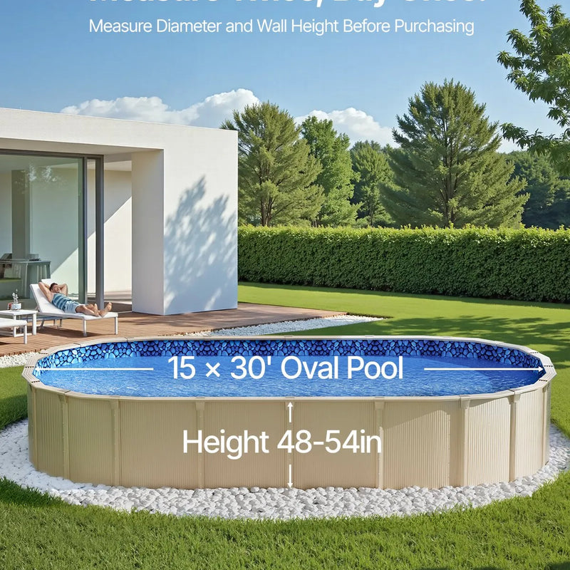 VEVOR 4,57 × 9,14 m ovāla baseina odere ar pārlaiduma malu virszemes baseiniem, sienas augstumam 1,22–1,37 m, izturīgs standarta biezuma vinils, tērauda sienu baseiniem