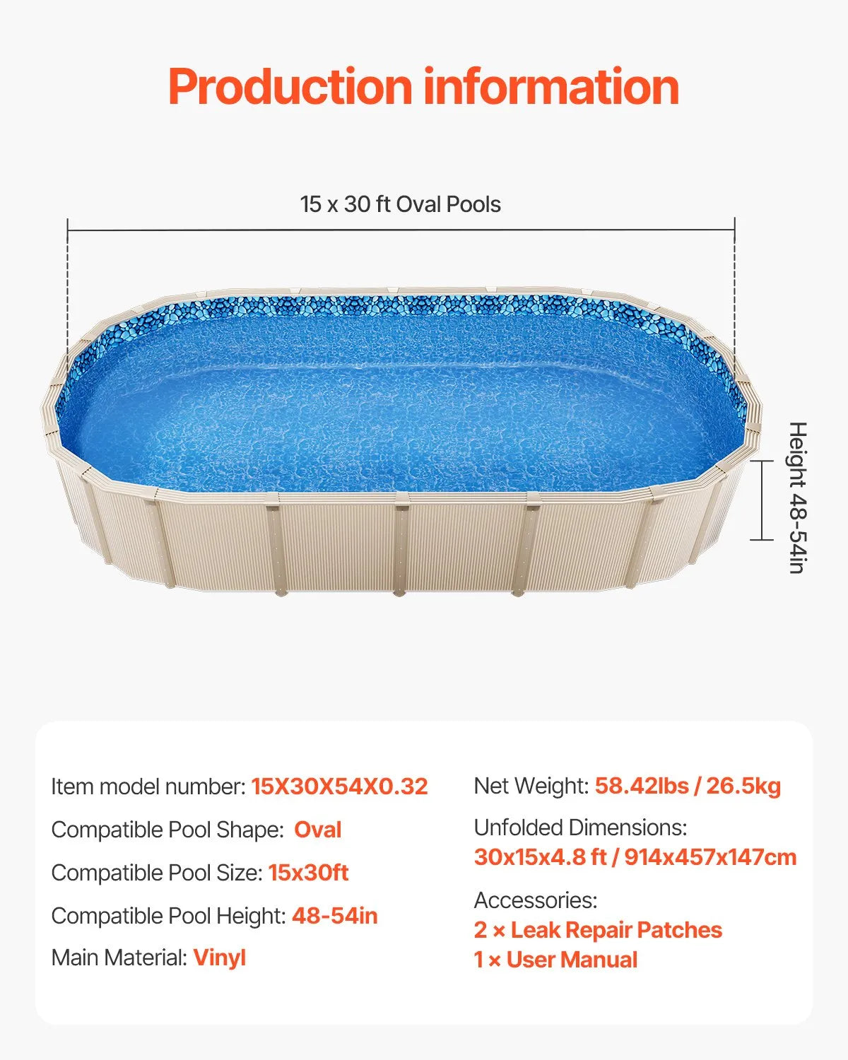 VEVOR 4.57 × 9.14 m Oval Pool Liner with Overlap Edge for Above Ground Pools, Wall Height 1.22–1.37 m, Durable Standard Gauge Vinyl for Steel Wall Pools