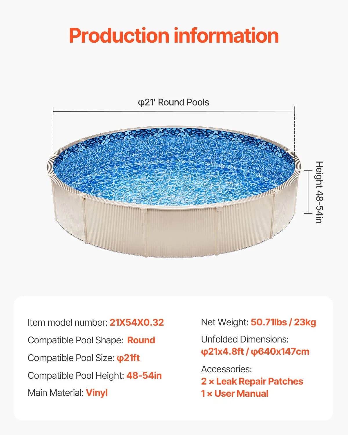 VEVOR Pool Liner for Round Above Ground Pool Ø 6.40 m, Overlap Type Vinyl Pool Liner, Standard Thickness, Suitable for Wall Height 1.22–1.37 m, Designed for Steel Wall Above Ground Swimming Pools