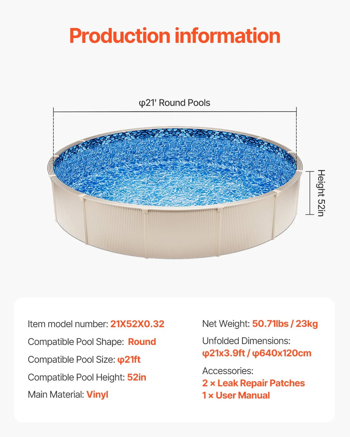 VEVOR Pool Liner for Round Above Ground Pool Ø 6.40 m, UniBead Fastening Type, Standard Thickness Vinyl Pool Liner, Suitable for Pools with Wall Height 1.32 m, Compatible with Steel Wall Above Ground Swimming Pools