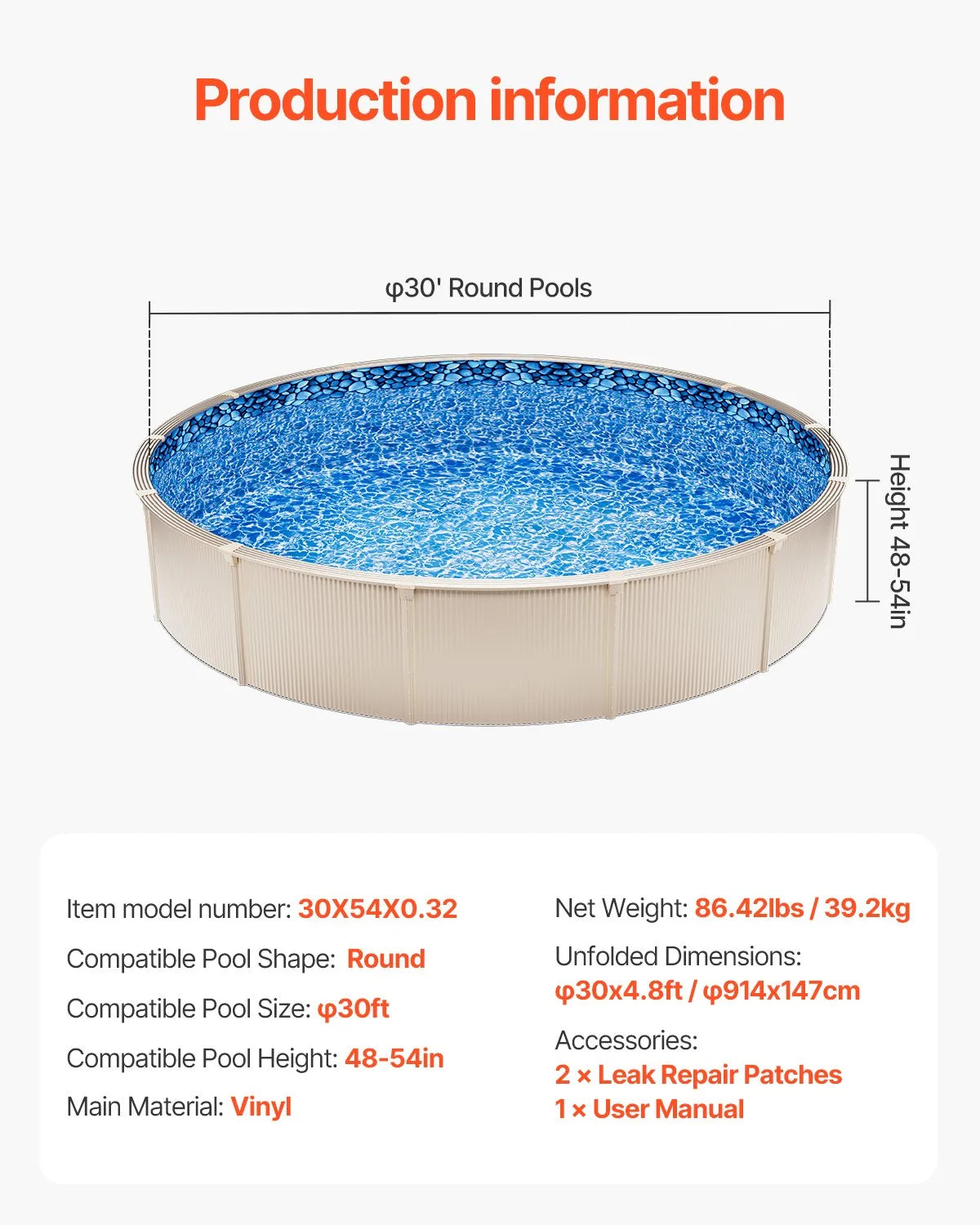 VEVOR Pool Liner for Round Above Ground Pool Ø 9.14 m, Overlap Type Vinyl Pool Liner, Standard Thickness, Suitable for Wall Height 1.22–1.37 m, Designed for Steel Wall Above Ground Swimming Pools