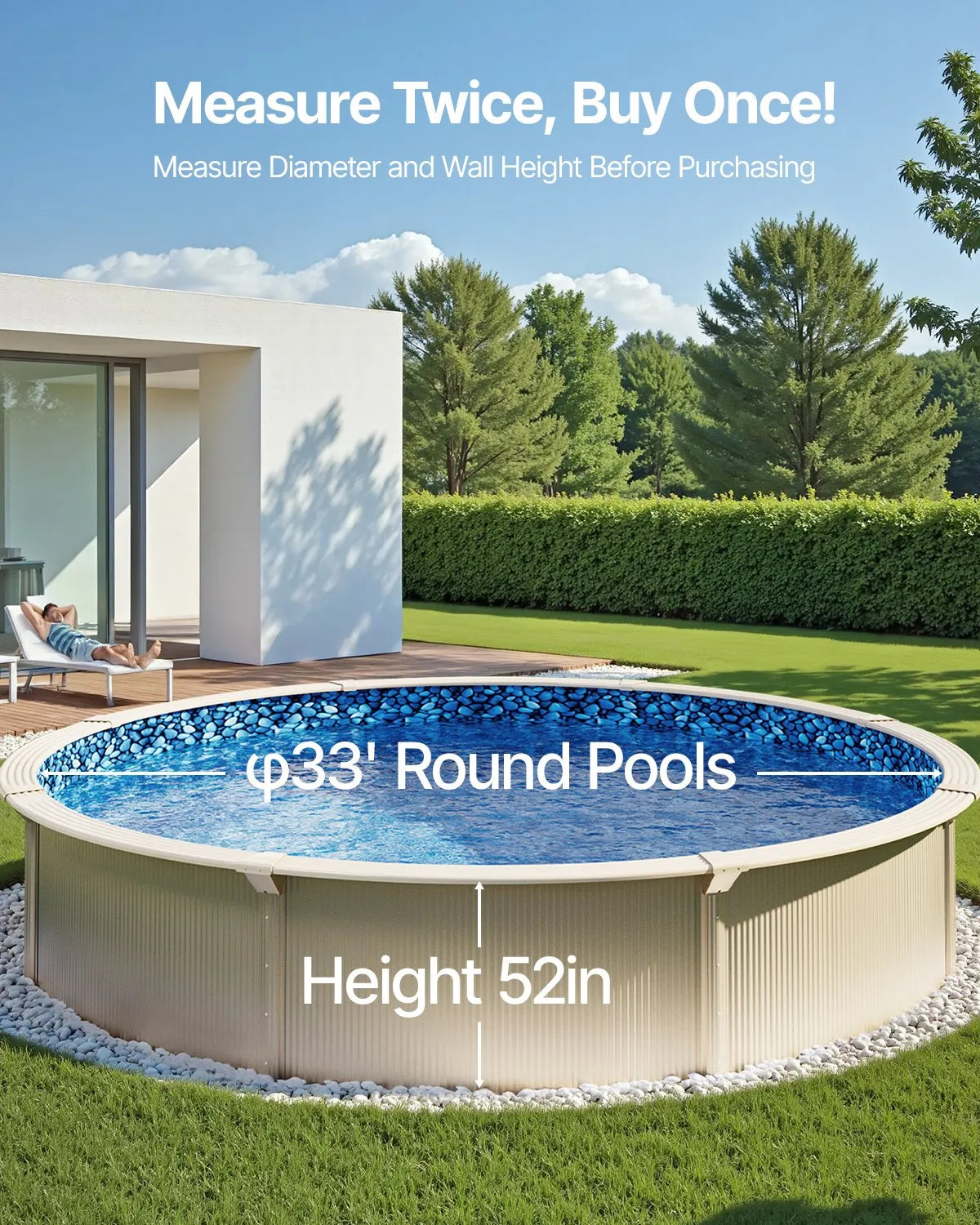 VEVOR Pool Liner for Round Above Ground Pool Ø 10.06 m, UniBead Fastening Type, Durable Vinyl Pool Liner, Standard Thickness, Wall Height 1.32 m, for Steel Wall Above Ground Swimming Pools