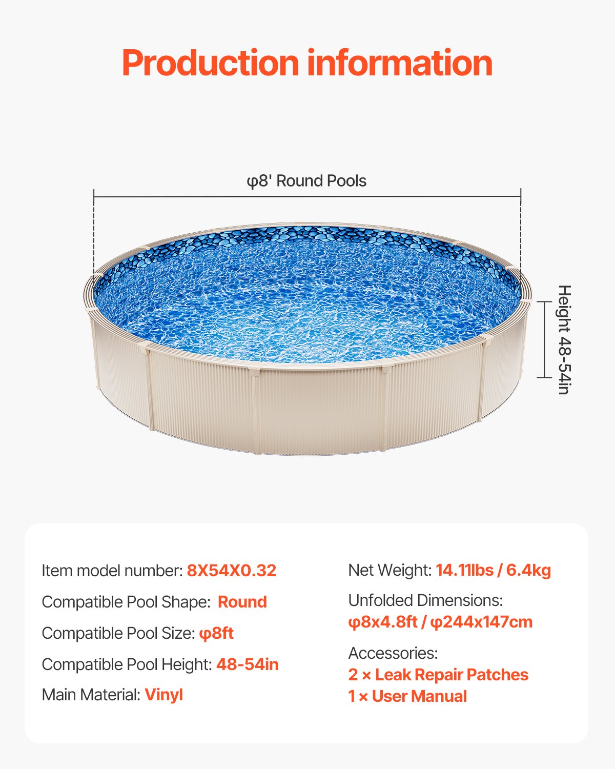 VEVOR Pool Liner for Round Above Ground Pool Ø 2.44 m, Overlap Type Vinyl Pool Liner, Standard Thickness, Suitable for Wall Height 1.22–1.37 m, Designed for Steel Wall Above Ground Swimming Pools