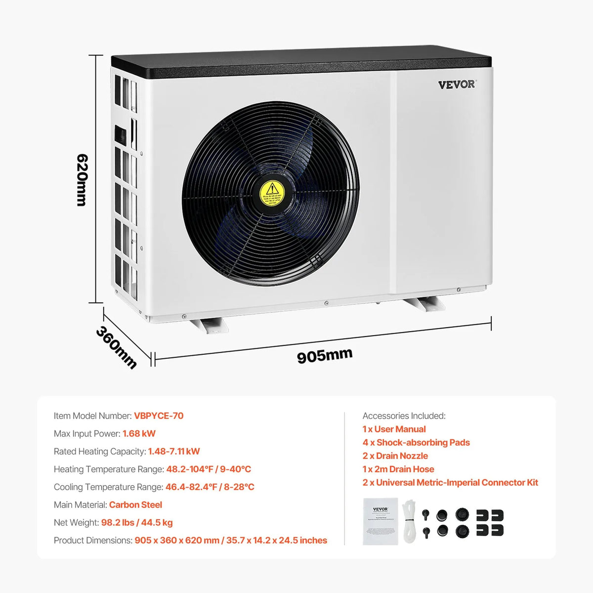 VEVOR Elektriskais baseina siltumsūknis, 1,48–7,11 kW sildīšanas jauda, energoefektīvs invertora tipa baseina ūdens sildītājs un dzesētājs virszemes baseiniem 15–30 m³, 220–240 V, 50 Hz