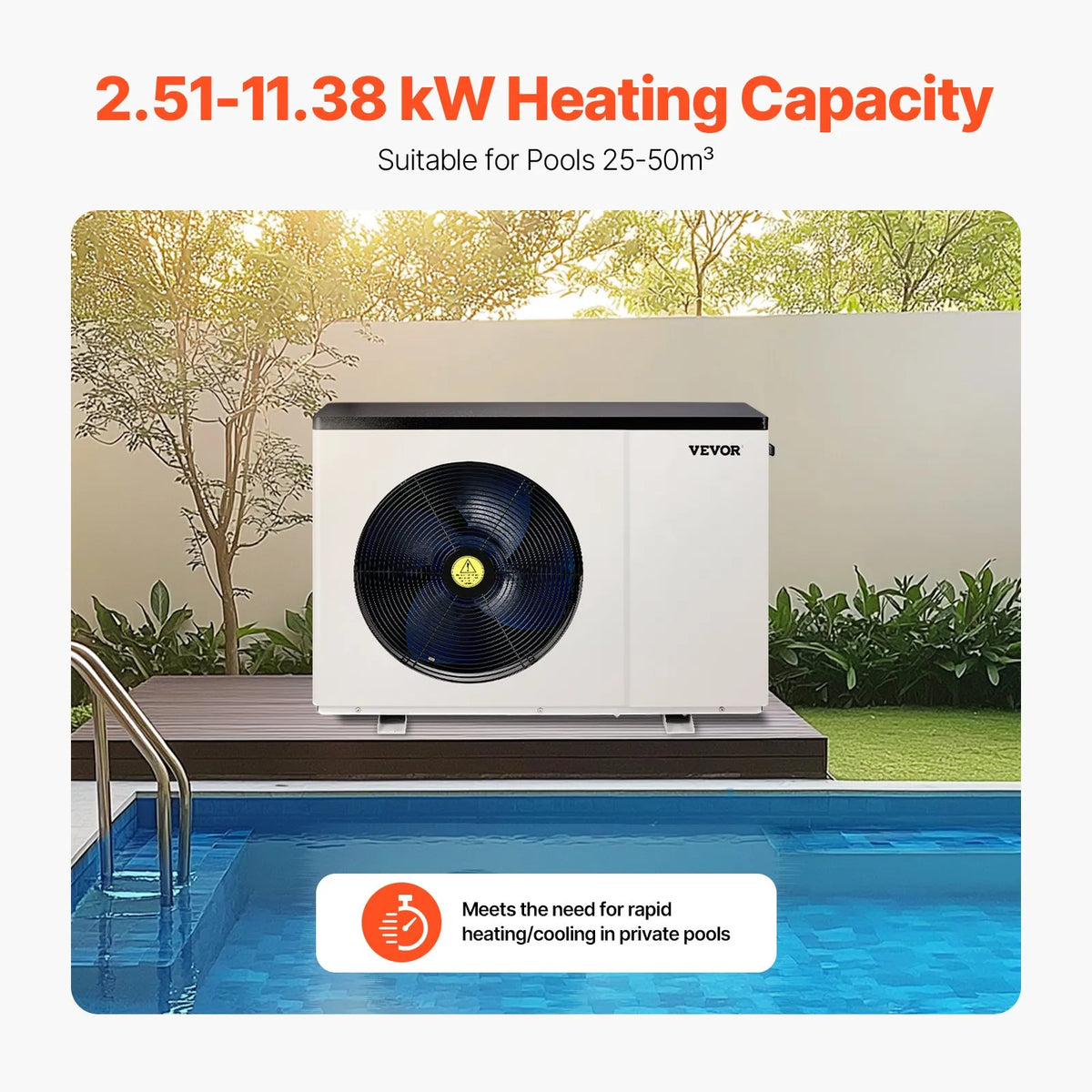 VEVOR Electric Pool Heat Pump, 2.51–11.38 kW Heating Power, Energy-Efficient Inverter Pool Water Heater and Cooler for 25–50 m³ Above-Ground Pools, AC 220–240 V, 50 Hz