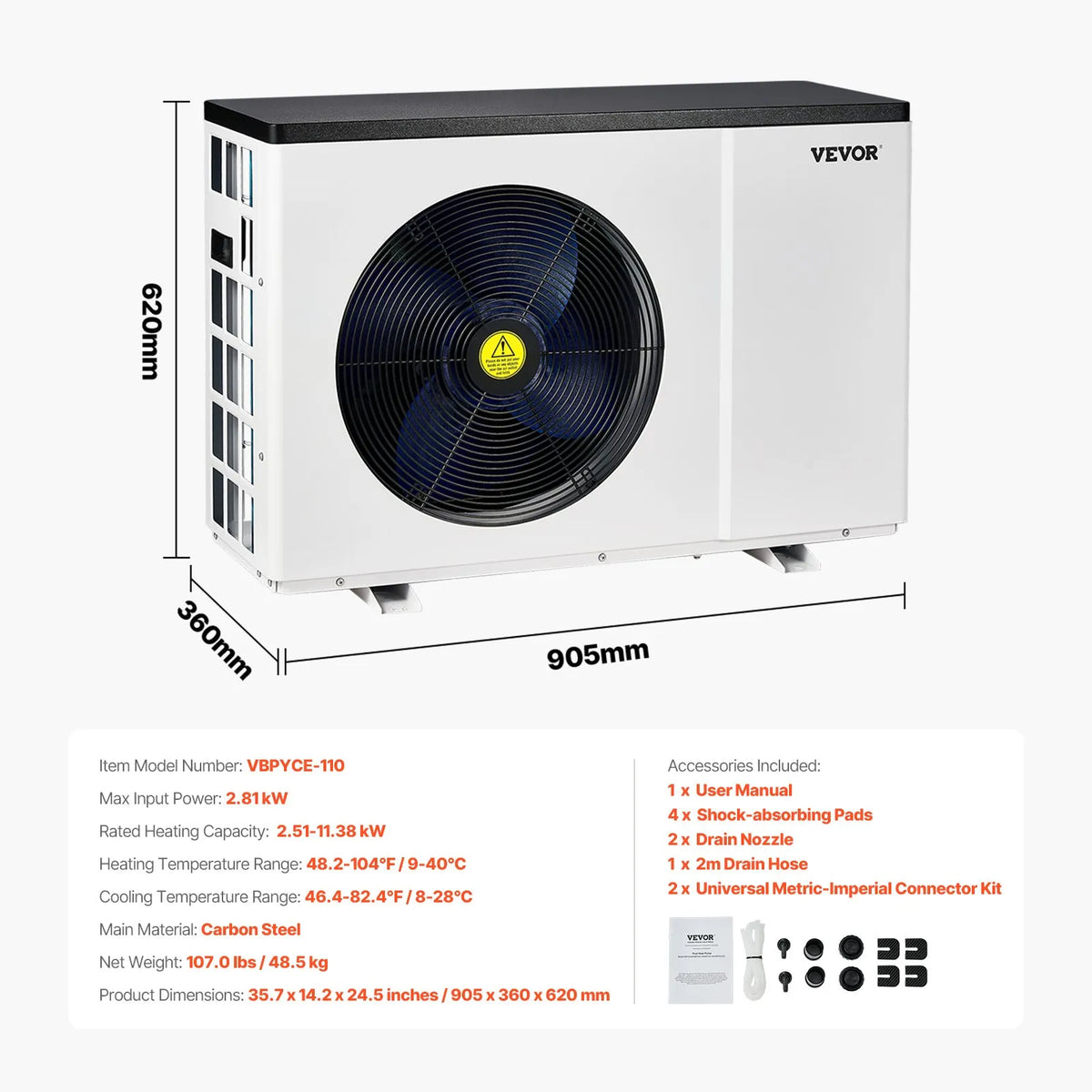 VEVOR Electric Pool Heat Pump, 2.51–11.38 kW Heating Power, Energy-Efficient Inverter Pool Water Heater and Cooler for 25–50 m³ Above-Ground Pools, AC 220–240 V, 50 Hz