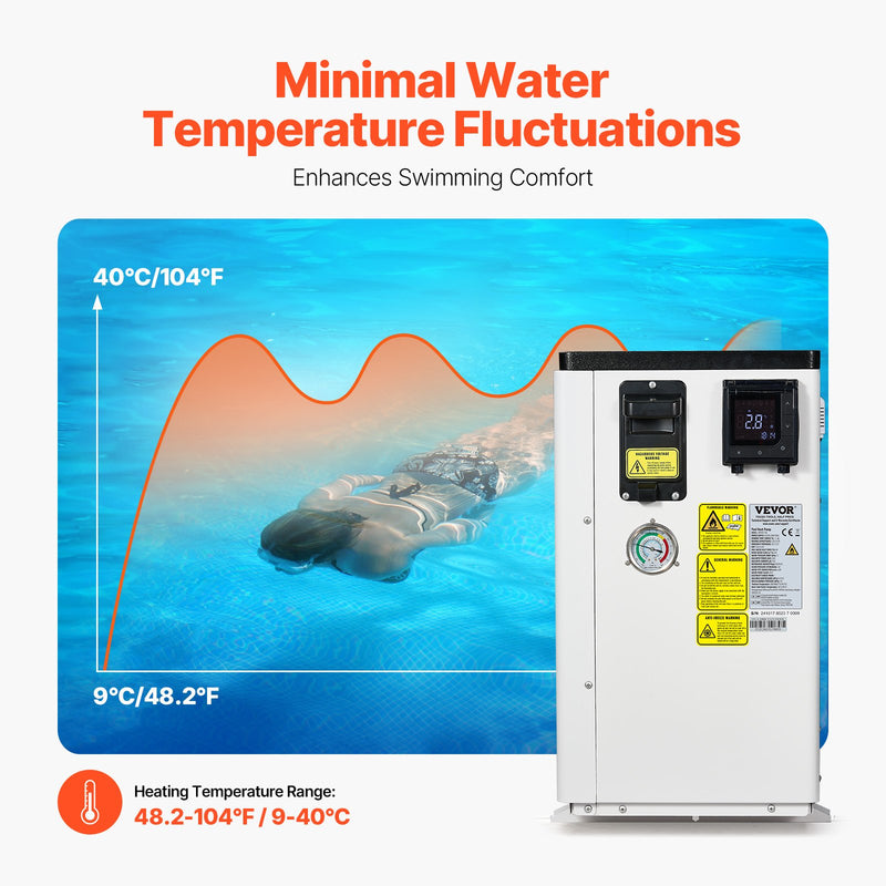 VEVOR Elektriskais baseina siltumsūknis, 3,22–15,25 kW sildīšanas jauda, energoefektīvs invertora tipa baseina ūdens sildītājs un dzesētājs 30–60 m³ virszemes baseiniem, AC 220–240 V, 50 Hz