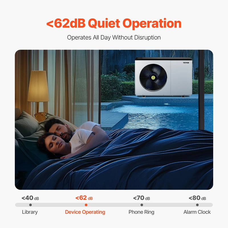 VEVOR Elektriskais baseina siltumsūknis, 3,22–15,25 kW sildīšanas jauda, energoefektīvs invertora tipa baseina ūdens sildītājs un dzesētājs 30–60 m³ virszemes baseiniem, AC 220–240 V, 50 Hz