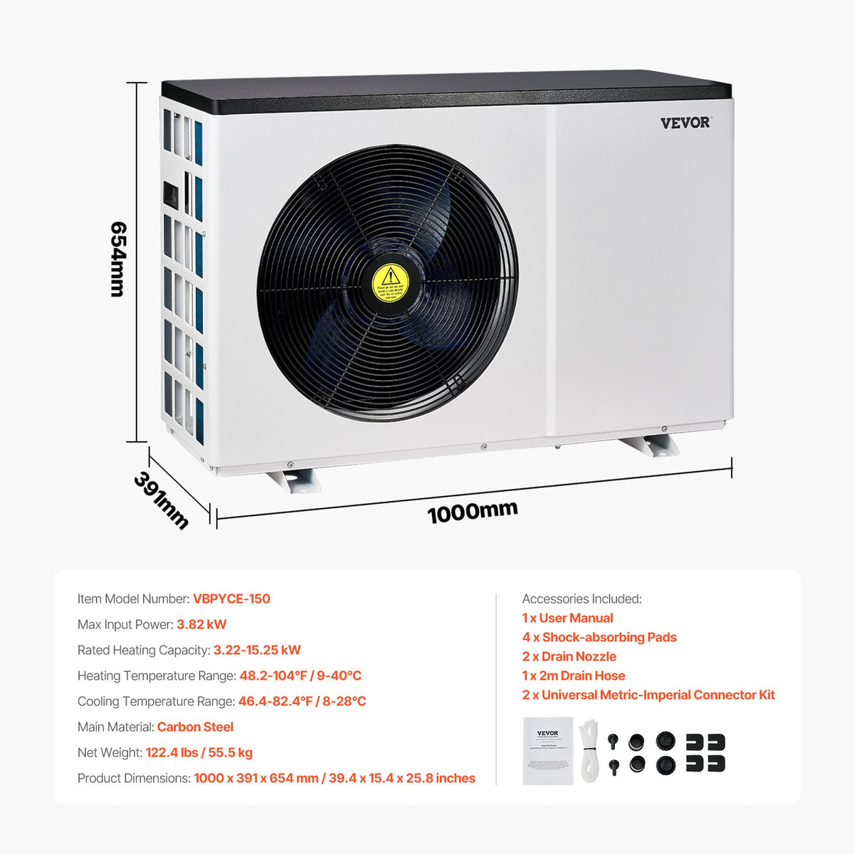 VEVOR Electric Pool Heat Pump, 3.22–15.25 kW Heating Power, Energy-Efficient Inverter Pool Water Heater and Cooler for 30–60 m³ Above-Ground Pools, AC 220–240 V, 50 Hz