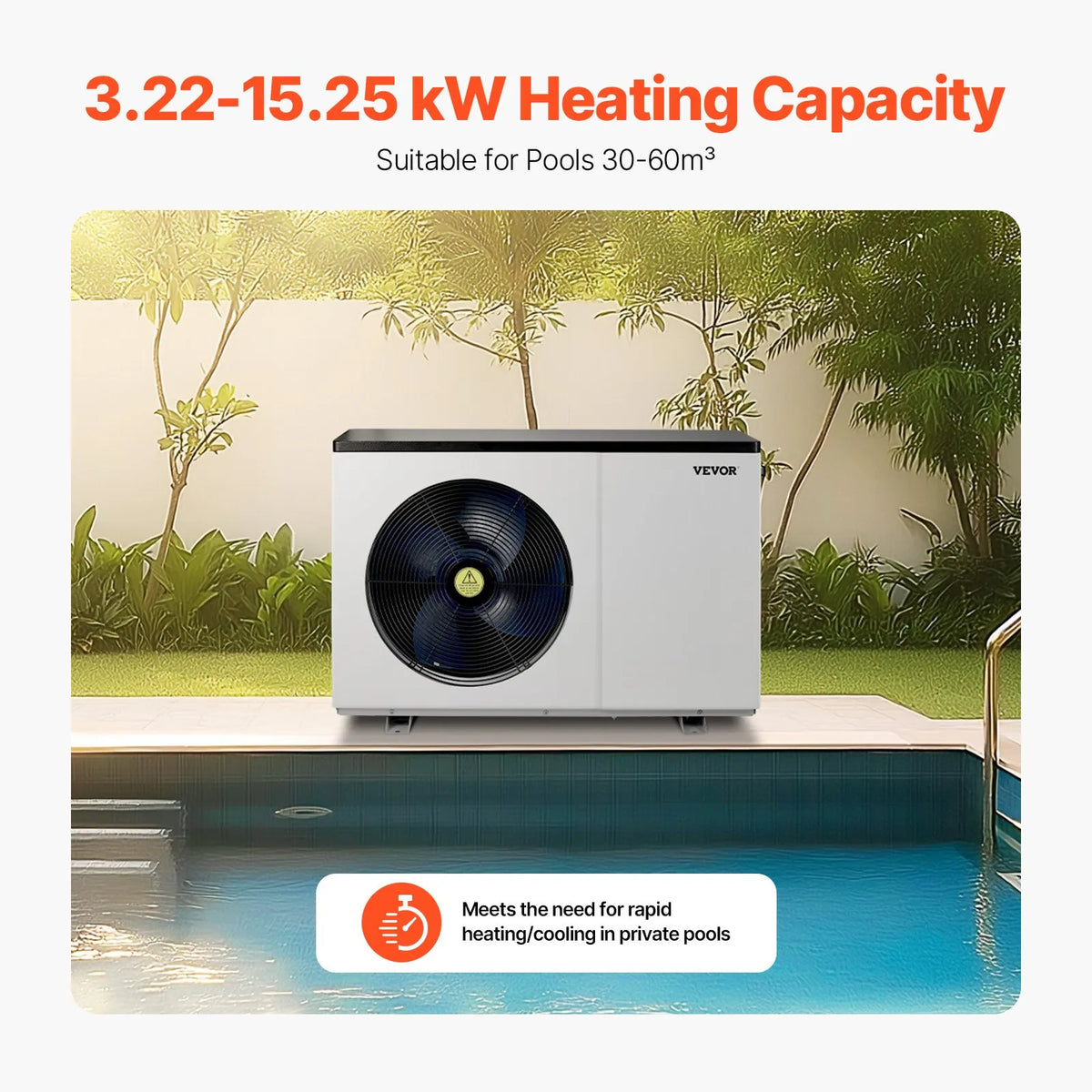 VEVOR Electric Pool Heat Pump, 3.22–15.25 kW Heating Power, Energy-Efficient Inverter Pool Water Heater and Cooler for 30–60 m³ Above-Ground Pools, AC 220–240 V, 50 Hz