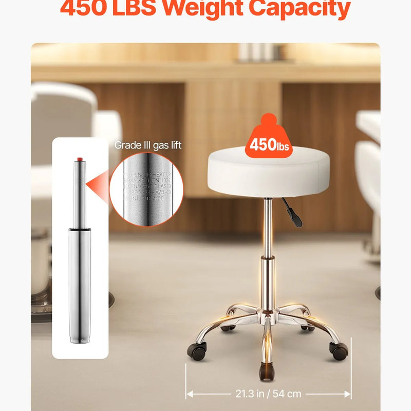 VEVOR mobilais krēsls ar riteņiem, apaļš regulējama augstuma krēsls ar 204 kg kravnesību, biezs PU ādas sēdeklis, grozāms salons, SPA, masāžas, tetovēšanas un medicīnas kabinetiem, balts