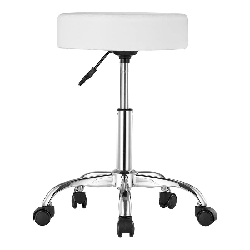 VEVOR mobilais krēsls ar riteņiem, apaļš regulējama augstuma krēsls ar 204 kg kravnesību, biezs PU ādas sēdeklis, grozāms salons, SPA, masāžas, tetovēšanas un medicīnas kabinetiem, balts