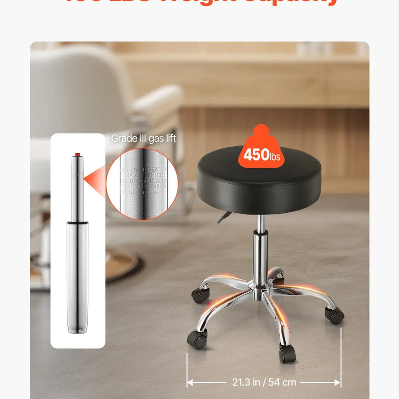 VEVOR mobilais krēsls ar riteņiem, apaļš regulējama augstuma krēsls ar 204 kg kravnesību, biezs PU ādas sēdeklis, 360° grozāms krēsls salonam, SPA, masāžas, tetovēšanas studijai un klīnikai, melns