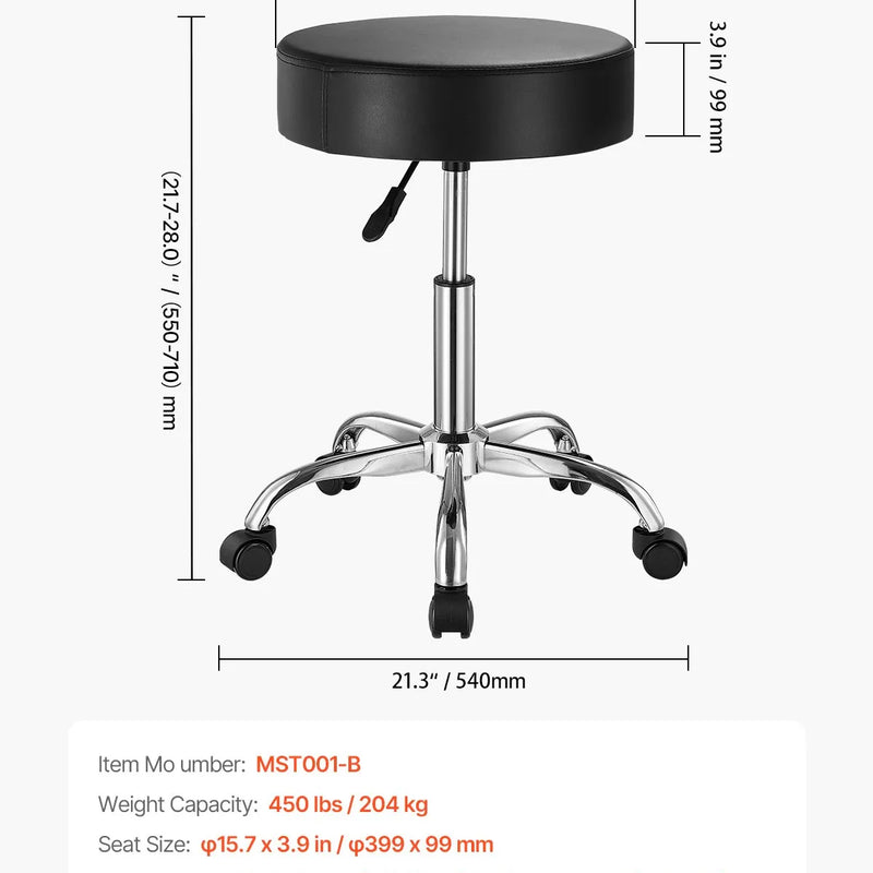 VEVOR mobilais krēsls ar riteņiem, apaļš regulējama augstuma krēsls ar 204 kg kravnesību, biezs PU ādas sēdeklis, 360° grozāms krēsls salonam, SPA, masāžas, tetovēšanas studijai un klīnikai, melns