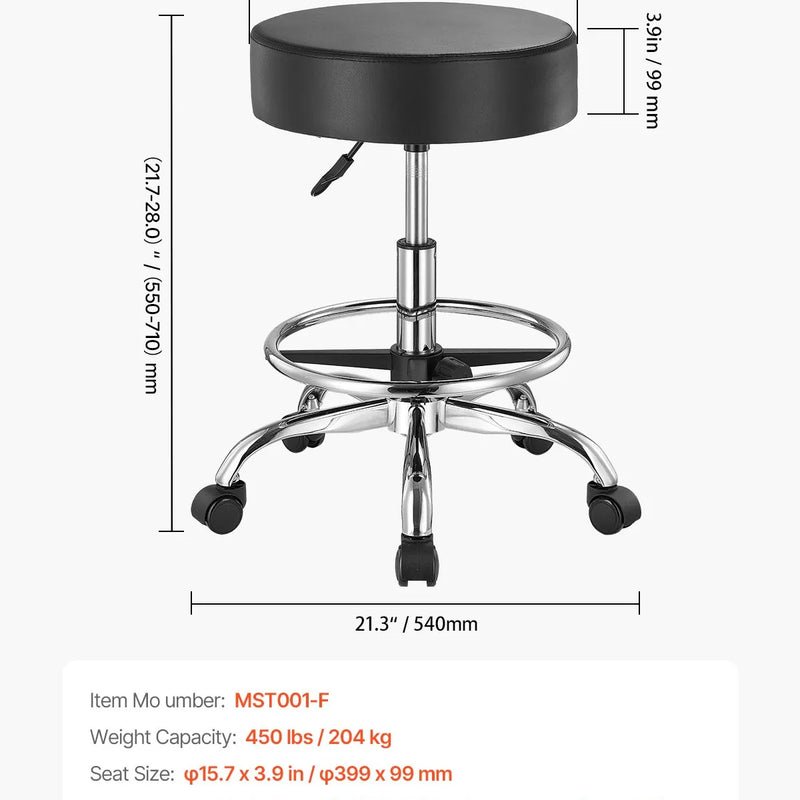 VEVOR mobilais krēsls ar kāju balstu un riteņiem, apaļš regulējama augstuma krēsls ar 204 kg kravnesību, biezs PU ādas sēdeklis, 360° grozāms krēsls salonam, SPA, masāžai, tetovēšanai un klīnikai, melns