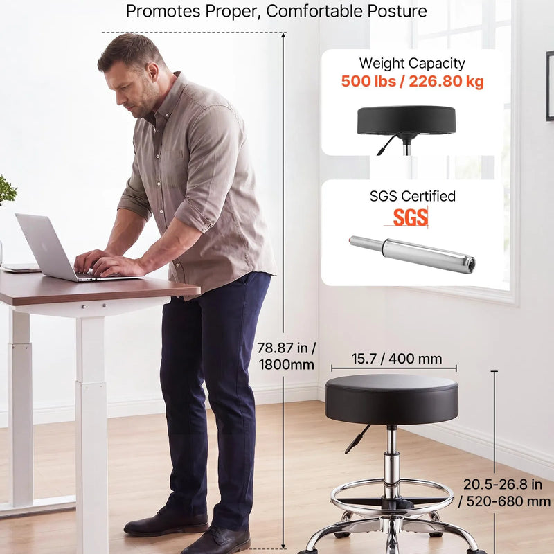VEVOR mobilais krēsls ar riteņiem un kāju balstu, kravnesība 226,8 kg, regulējama augstuma ergonomisks krēsls ar biezu PU ādas sēdekli, 360° grozāms apaļš krēsls salonam, klīnikai un medicīnas iestādēm, melns