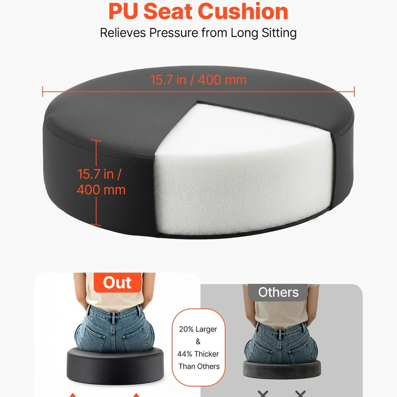 VEVOR mobilais krēsls ar riteņiem un kāju balstu, kravnesība 226,8 kg, regulējama augstuma ergonomisks krēsls ar biezu PU ādas sēdekli, 360° grozāms apaļš krēsls salonam, klīnikai un medicīnas iestādēm, melns